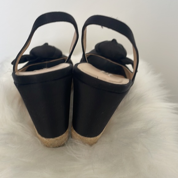 Prada women's black satin floral applique wedge sandal - Picture 4 of 6